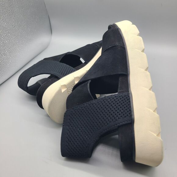 Eileen Fisher Chant  Black Leather/ Mesh Platform Wedge Sandal Sz 7.5 floor pair - Picture 8 of 10